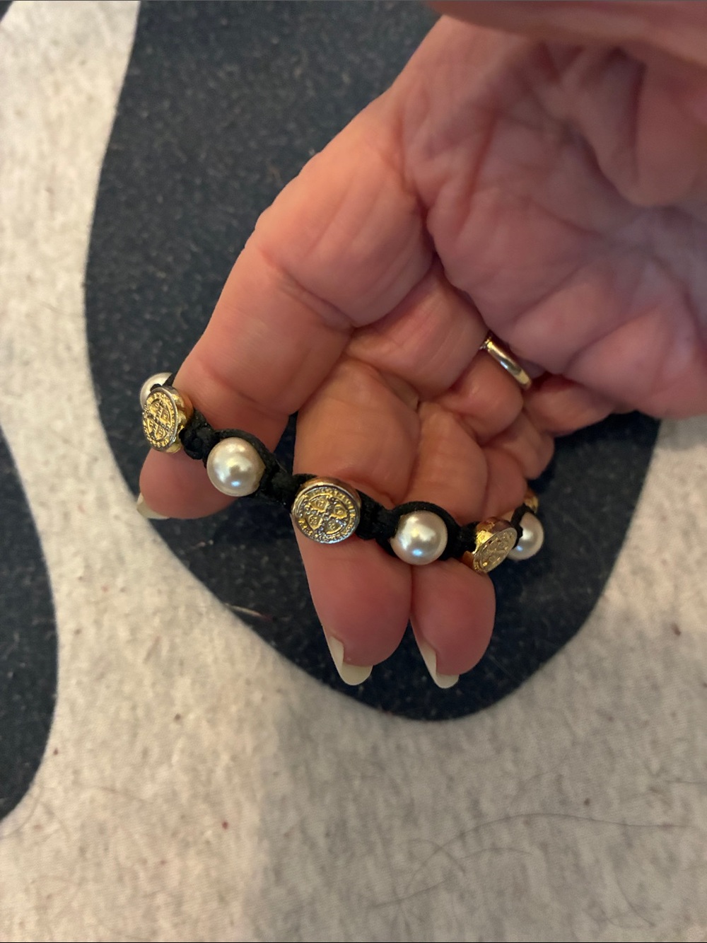 My Saint my Hero Pearl and Cross Gold Accent Black Cord Bracelet